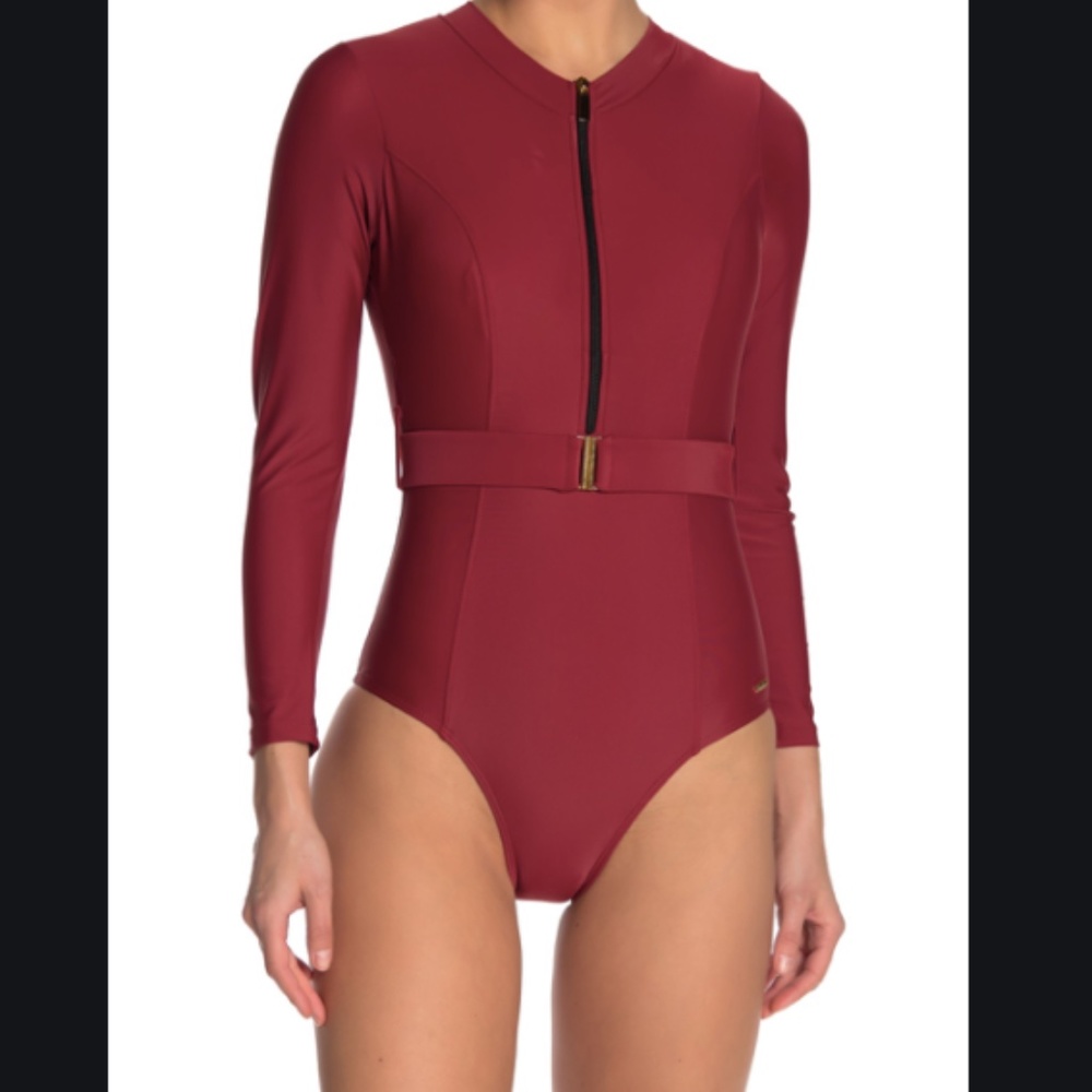 Nicole Miller S belted front long sleeve swimsuit